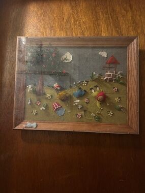 Vintage Brown Framed Needlework Wall Art with Multicolor Felt Figures
